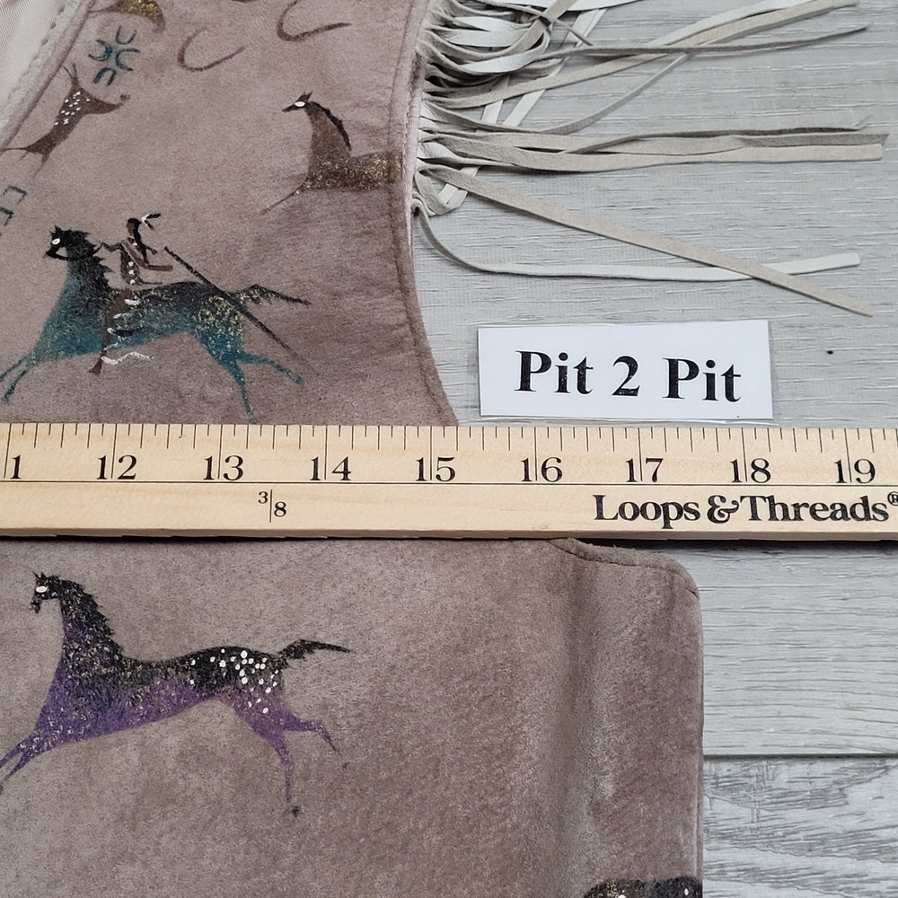 Vintage Patricia Wolf Vest Womens S Hand Painted Suede Fringe Western Boho Texas - Picture 15 of 16
